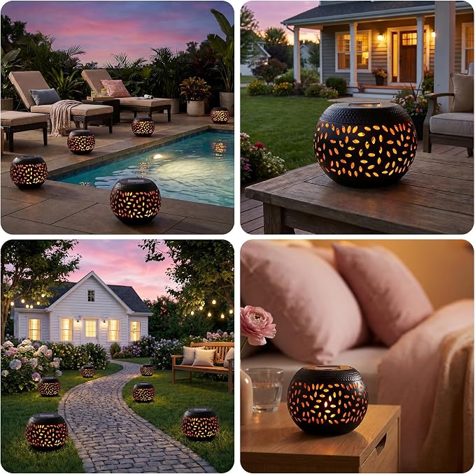 Solar Table Lights Outdoor Waterproof Flickering Flame Solar Lantern | Solar Lantern Decorative Metal Desktop Lamp for Gifts for Women Outside Garden Yard Patio & Indoor Tabletop Decor