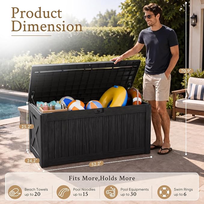 Devoko 120 Gallon Deck Box Resin Outdoor Storage Box Waterproof for Patio, Large Outdoor Storage Bench Lockable for Outside (Black)
