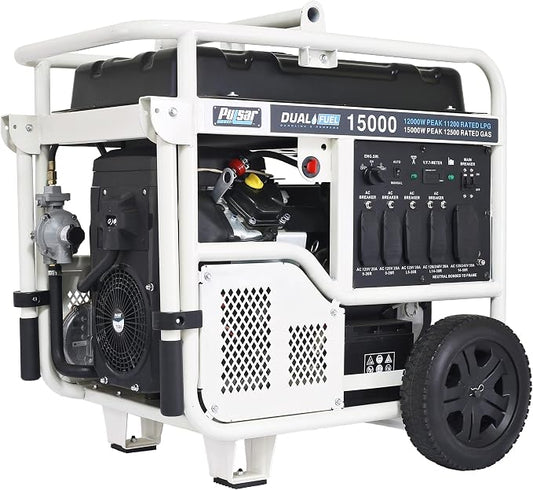 Pulsar PG15KVTWB 15,000W Dual Fuel Portable Generator, Gas or Propane, 713cc V-Twin Engine, Electric Start, 120V/240V, 50A Outlet