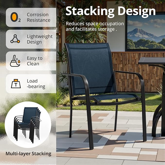SUNCROWN 7 Pieces Outdoor Dining Set, Patio Furniture Set with 6 x Textilene Dinning Chairs and 1 Steel Slat Metal Bistro Table for Garden Lawn Backyard Deck (Dark Blue)
