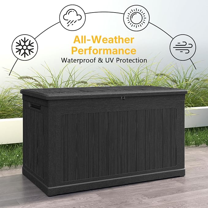 Skepphlay 230 Gallon Deck Box Large Outdoor Storage Box, Black Waterproof Deck Storage Bench, 440 lbs Load Capacity Outdoor Storage Bin for Garden, Patio, Pool, Boat