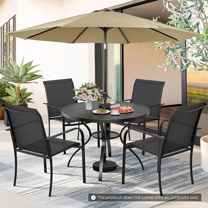 Incbruce 6 PCS Patio Dining Set with Brown Umbrella, Outdoor Dining Set of 4 Textilene Chairs and 41" Round Table with Umbrella Hole for Backyard, Garden, and Poolside (Black)
