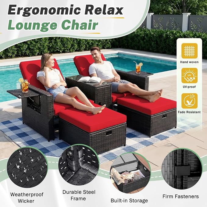 LVUYOYO 5 Piece Patio Furniture Set, Patio Wicker Conversation Set with Ottoman, Outdoor Chaise Lounge Chair with Side Table & Adjustable Backrest for Pool Backyard Garden (Black Wicker Red Cushion)