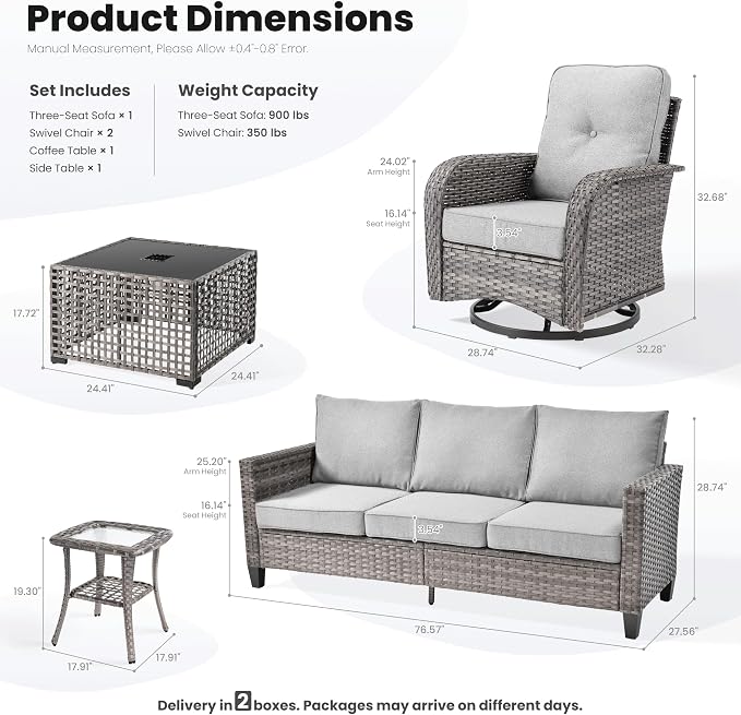 ovios 5 Pieces Patio Furniture Set, Outdoor Wicker Sofa Couch with Swivel Glider Chairs Solar Lights Table, Modern Deep Seat Rattan Conversation Sets for Deck Porch, Dark Grey