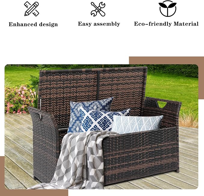 33 Gallon Outdoor Wicker Storage Bench with Cushion, Rattan Storage Box, 2-in-1 Large Capacity Rectangle Garden Storage Box Wicker Deck Box with Handles＆Seat for Backyard, Balcony, Poolside (Brown)