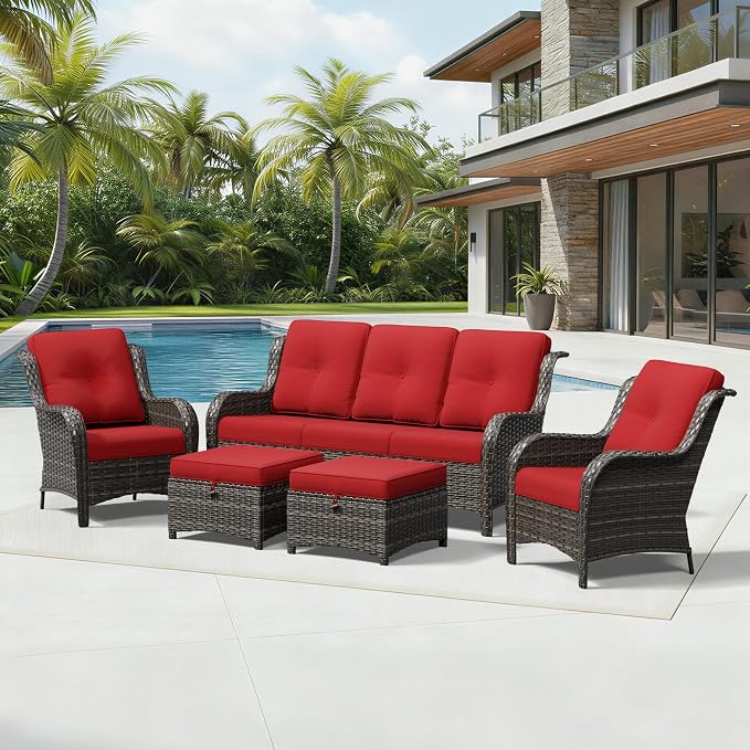 Joyside 5 Piece Wicker Patio Furniture Set, Rattan Patio Chairs with High Back, Deep Seating, Wide Armrest, Thickened Cushions, Outdoor Furniture for Deck, Porch Use