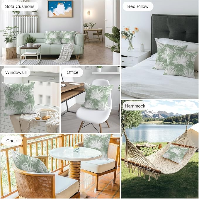 Throw Pillow Covers 18x18 Inch Set of 2, Sage Green Palm Leaves Coastal Waterproof Outdoor Pillow Covers, Summer Tropical Botanical Decorative Cushion Pillowcases for Couch, Sofa, Bed, Garden, Patio