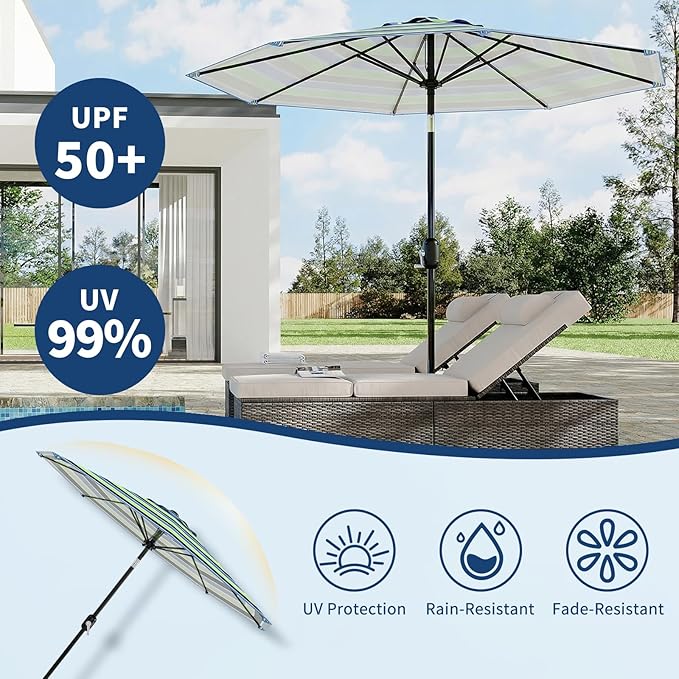 GarveeLife 10FT Patio Umbrella Outdoor, Table Umbrella with Push Button Tilt and Crank, 8 Sturdy Ribs UV Protection Waterproof for Garden, Pool, Market, Deck (Yellow Blue & Purple Stripe)
