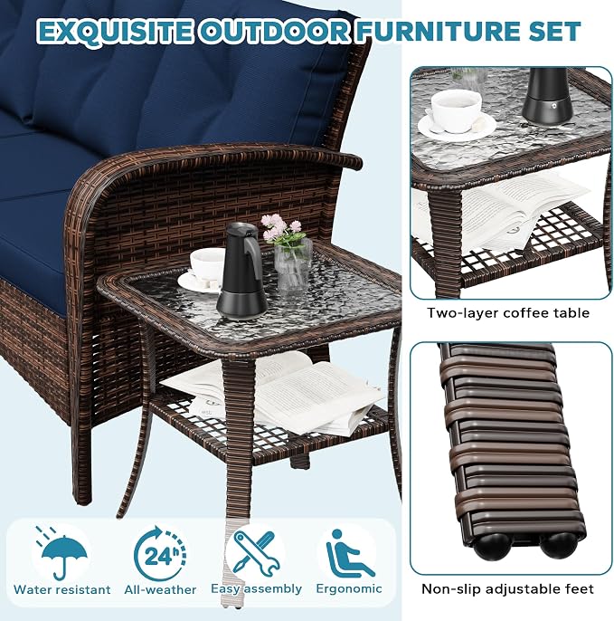 4 Pieces Patio Set, 73" Rattan Loveseat Sofa, Coffee Table, Wicker Swivel Glider Chairs, Cushion with Water Resistant Cover, Outdoor Conversation Furniture, Couch for Sunroom (Navy Blue)