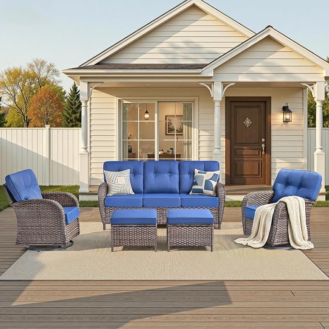 Patio Furniture Set, 5PCS Outdoor Wicker Conversation Set with 5" Thick Cushions, High Back Rattan Sofa & Swivel Rocker Chairs, Weather Resistant Olefin Fabric for Garden, Poolside Brown/Blue