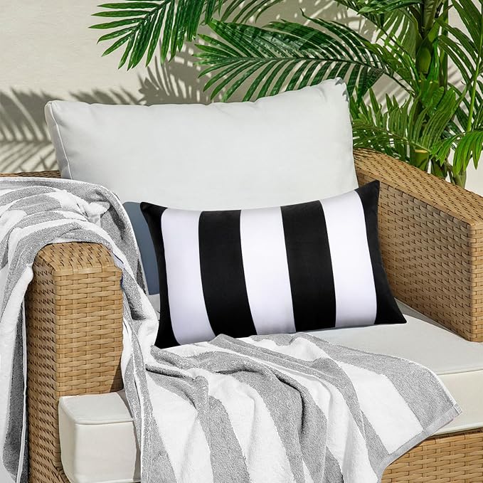 12x20 Waterproof Outdoor Pillows, Set of 2 Outdoor Lumbar Pillows | Patio Furniture Pillows, Decorative Throw Pillows, Waterproof & Fade Resistant, Removable & Washable, Black and White