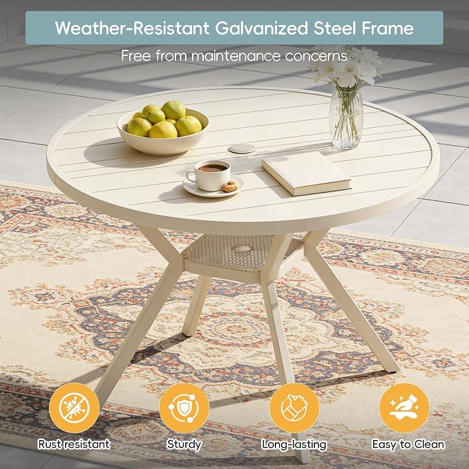 5 Piece Patio Dining Set for 4 Swivel Chairs and 42” Round Metal Table with Umbrella Hole, All Weather Patio Dining Furniture Set for Deck Lawn Backyard, Sandshell