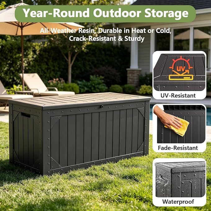 Outdoor Storage Box, 95 Gallon Deck Box Outdoor Storage Bench, Outside Waterproof Resin Storage Bench, Lockable Patio Cushions, Garden Tools Storage for Furniture, UV Resistant (Black)