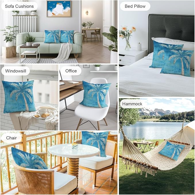 Coastal Beach Tree Blue Outdoor Waterproof Pillow Covers, Vintage Summer Palm Tree Decorative Square Throw Pillowcase, Tropical Botanical Sofa Cushion Sham for Patio/Couch/Chair, 20"x20" 2 Pack