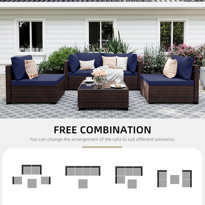 UPHA 5 Pieces Patio Furniture Sets, Wicker Outdoor Sectional Sofa Couch with Coffee Table, Patio Conversation Set for Deck Backyard Garden, Brown Rattan, Navy Blue Cushion