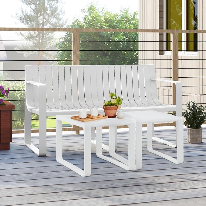Tangkula 3-Piece Patio Furniture Set, Outdoor Conversation Set w/1 Loveseat & 2 Side Tables, All-Weather Patio Bistro Set for Lawn, Backyard, Poolside, Balcony, Garden, Deck, Blue