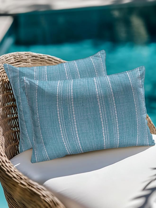 Vandarllin Waterproof Outdoor Pillow 1 Pack Blue Linen Stripes Decorative Throw Pillows Cover & Insert 20x12 Inch Lumbar Pillowcase Parallel Vertical Lines Pillows for Couch Sofa Bed Patio Furniture