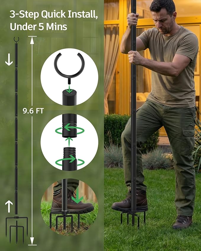 LAND·VOI Outdoor String Light Poles 2 Pack, Heavy Duty String Light Poles for Outside with 5-Prong Base & Adjustable Height, Perfect for Backyard, Patio, Garden, Fence and Party Decor