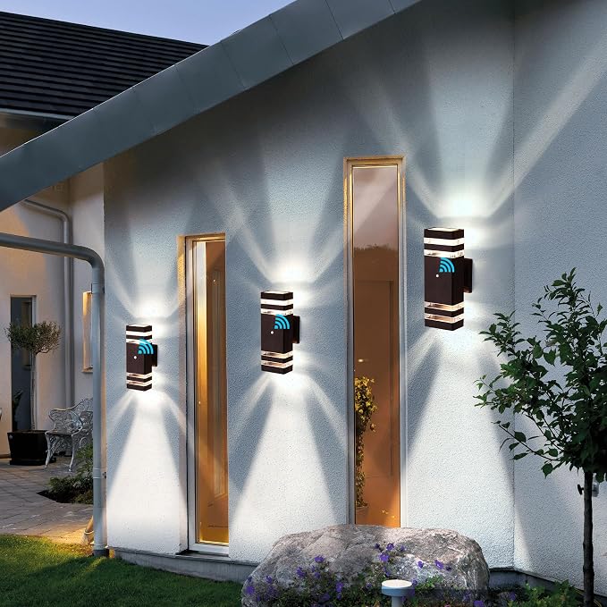 2 Pack Outdoor Wall Lights, Modern Dusk to Dawn LED Outdoor Lighting 2-Layer Brown Outdoor Lights for House Exterior Wall Light Fixture Waterproof Up and Down Porch Lights for Garage Entryway