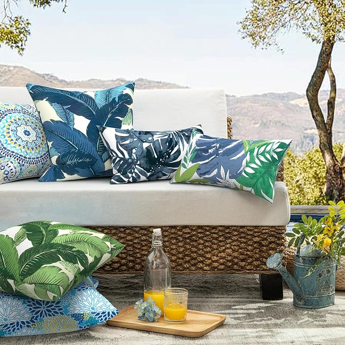 Pack of 2 Patio Throw Pillow Covers ONLY, Water Repellent Cushion Cases 20x20 Inch, Square Pillowcases for Outdoor Couch Decoration, Swaying Palms Blue