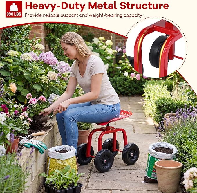 Goplus Garden Cart with Wheels, Utility Stool Cart w/Adjustable 360 Degree Swivel Seat, Outdoor Lawn Yard Rolling Work Seat, Garden Scooter for Planting (Red)