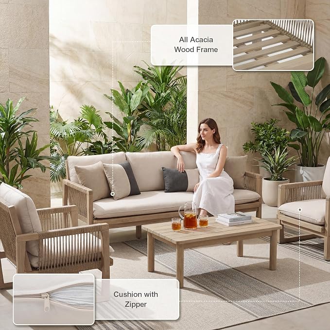 SUNSITT 6-Piece Acacia Wood Patio Furniture Set, Outdoor Conversation Sofa Set with 3-Seat Sofa, 4 Rope Woven Outdoor Club Chairs & Slatted Coffee Table, Cream White Cushions for Porch, Backyard, Deck
