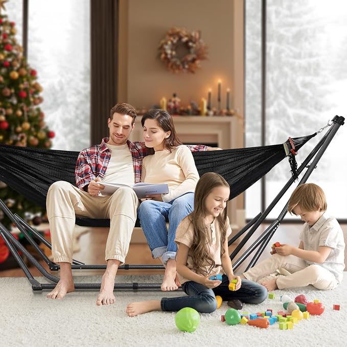Goutime Collapsible Hammock Stand with Carry Bag, 550lbs, Portable,Black | 3 level adjustable up to 10ft, double layer hammock net, fits indoor, yard, camping, and outdoor use