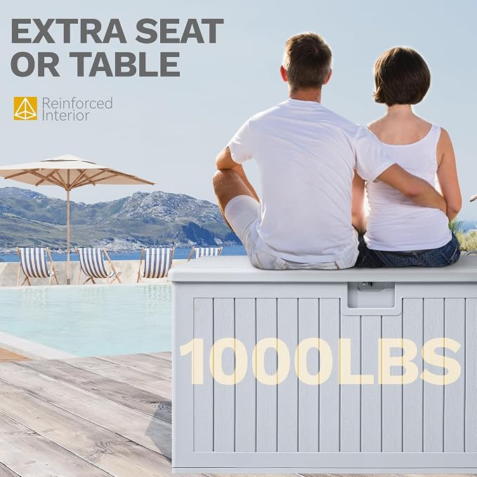 DWVO 180 Gallon Resin Outdoor Storage Box, XXL Double-Wall Waterproof Deck Box, Doubles as Table or Seating with 1000 lbs Capacity, Lockable (Grayish-White)
