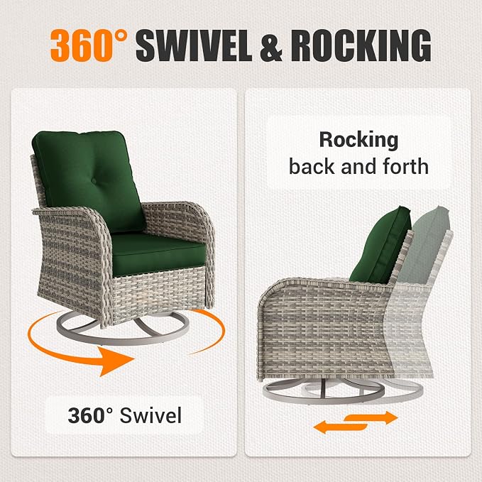 13Pcs Patio Rocking Swivel Chair with 55,000 BTU Fire Pit Table Outdoor Wicker Rattan Bistro Set with Tempered Glass Side Table, Outdoor Patio Furniture Set for Garden and Balcony, Green