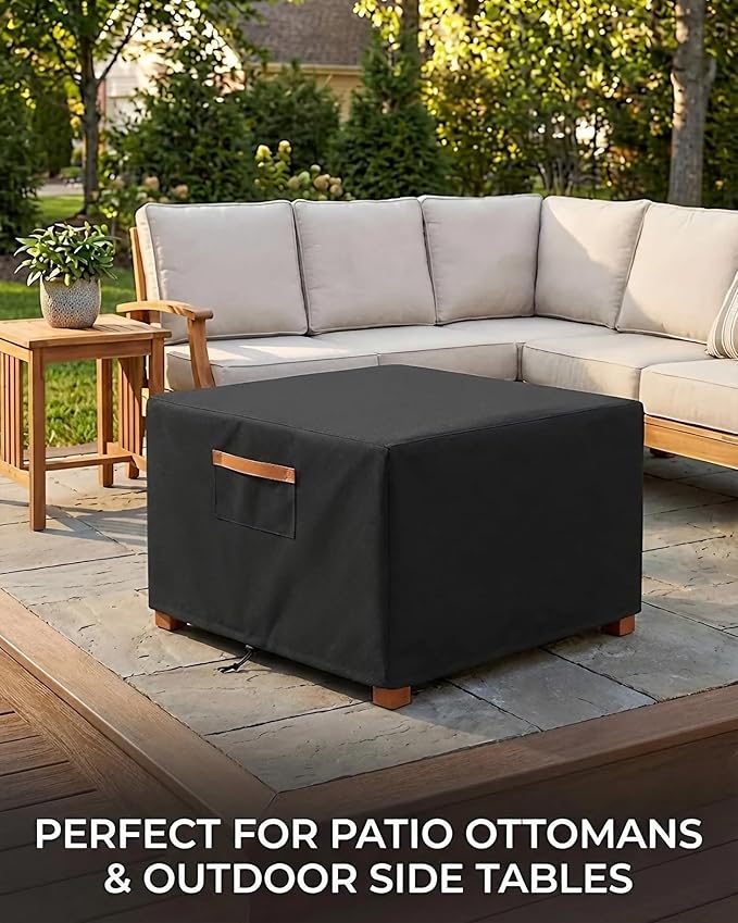 Waterproof Patio Ottoman Cover, 600D Heavy Duty Outdoor Furniture Cover for Square Side Table or Coffee Table, Windproof Secure Fit with Air Vents, All-Weather UV & Rain Protection, Black 22x22x18 in