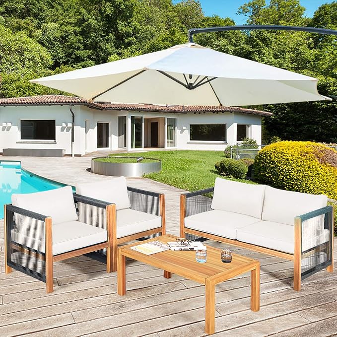 Tangkula Outdoor Wood Furniture Set with 2 Set Cushion Covers, 8 Pieces Cushioned Patio Conversation Set, for Garden Balcony Poolside Outdoor Living (2, WH-TU)