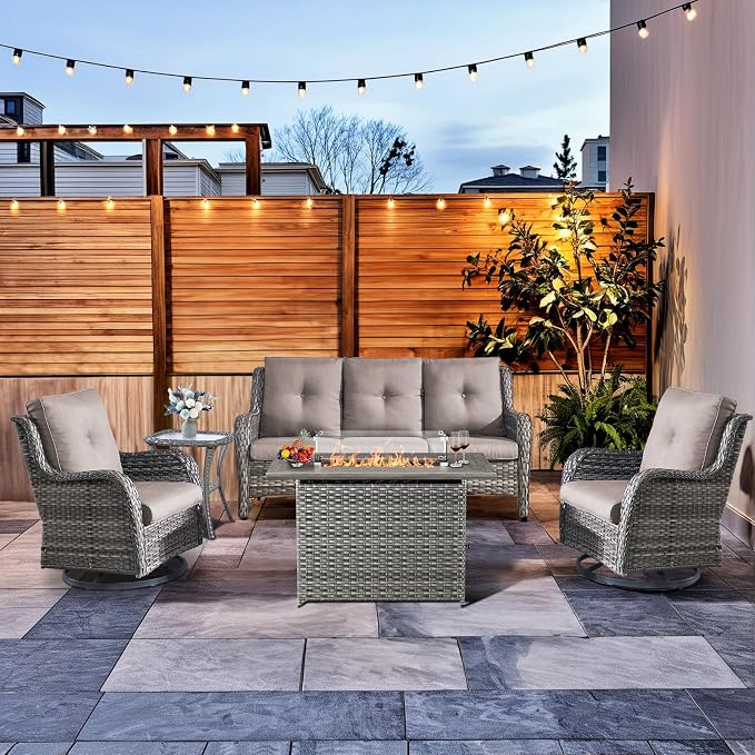 HUMMUH Patio Furniture Set with Fire Pit Table 5-Piece Wicker Outdoor Swivel Rocker Patio Chairs High Back Outdoor Couch Conversation Set for Porch, Backyard, Deck