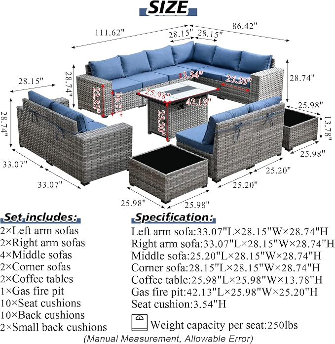 HOOOWOOO Outdoor Patio Sectional Furniture Sofa Set with Propane Fire Pit Table,13 Piece Large Modern Wicker Couch with Widened Armrest,Modular L Shaped Conversation Seating Set(Denim Blue)