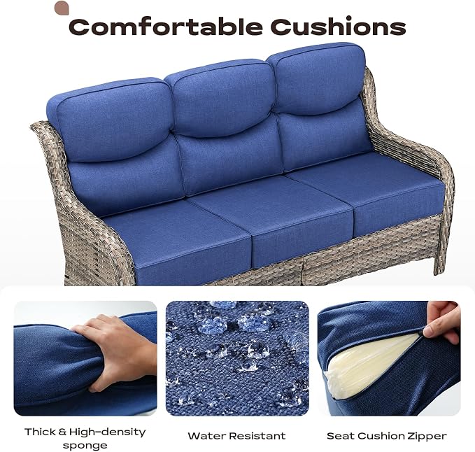 Rilyson Wicker Outdoor Patio Furniture Set - 6 Piece Patio Conversation Sets with Swivel Rocker Chairs, Ottomans, Sofa and Table, 6 inch Cushions, Deep Seating, for Porch Deck Mixed Grey/Blue