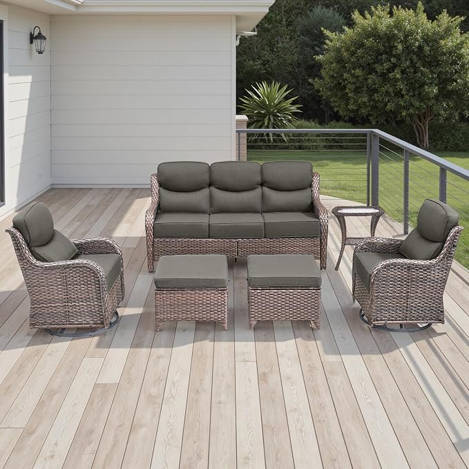 Rilyson Wicker Outdoor Patio Furniture Set - 6 Piece Patio Conversation Sets with Swivel Rocker Chairs, Ottomans, Sofa and Side Table, 6 inch Cushions, Waterproof Wicker, for Porch Deck Brown/Grey