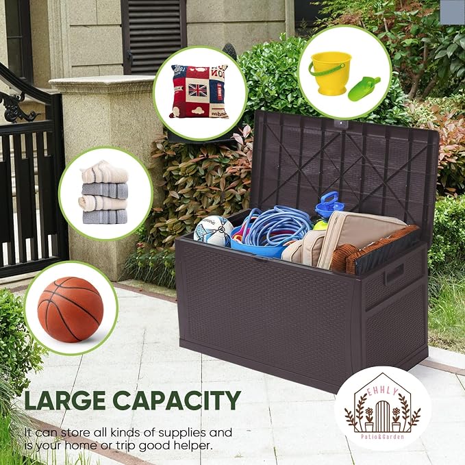 EHHLY 100 Gallon Outdoor Storage Box, Lockable Waterproof Package Delivery Boxes for Outside, Resin Outdoor Storage Deck Box for Garden Tools, Cushions, Pool Supplies, Indoor Outdoor Accessories