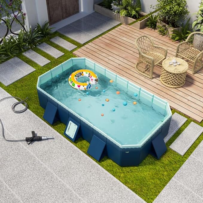 Foldable Swimming Pool, Rectangular Above Ground Swimming Pool for Outdoor Family Square Pool with Drain Plug and Drain Hole, Easy to Assemble Pool for Kids, Pets and Dogs(116" L x 65" W)