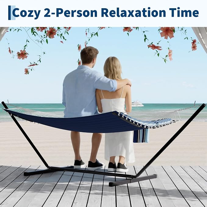 Garvee 2 Person Outdoor Hammock with Stand, Cotton Rope Hammock with Polyester Pad, Arc-Shaped Adjustable Steel Frame, 2-in-1 Hammock for Patio, Backyard, Garden, Beach （Dark and Light Blue Stripes）