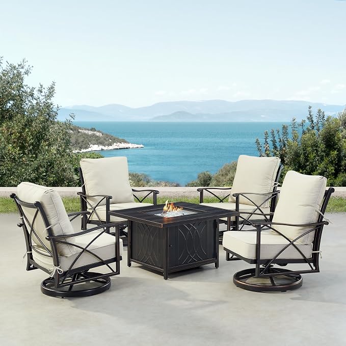 Oakland Living Black Aluminum Patio Fire Table Set with Four Club Chairs