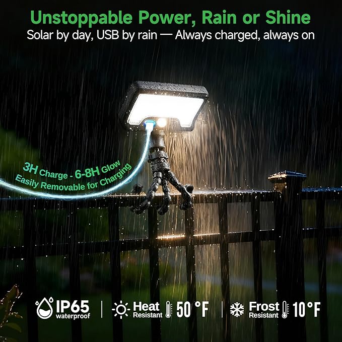 Motion Sensor Solar Light with Flexible Octopus Tripod, 600LM Lights with 3CCT, IP65 Waterproof Adjustable Fixture Black for Outdoor Garden Tree Porch Camping [1-Pack]