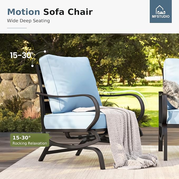 MFSTUDIO 5 Pieces Patio Conversation Sets,Outdoor Metal Furniture Sofas with 1 x 3-Seat Sofa, 2 x Rocking Chairs,2 x Ottoman,Wrought Iron Frame with Blue Cushion for Patio Courtyard Balcony