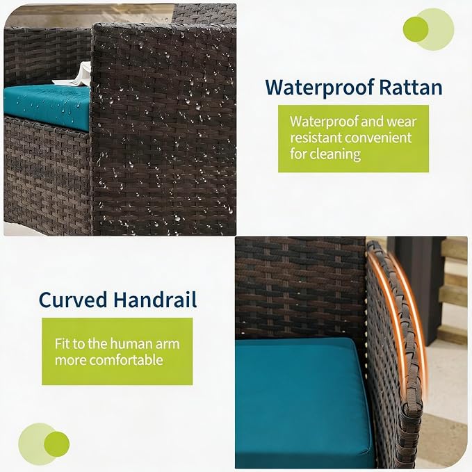 3-Piece Outdoor Furniture Set, PE Rattan Wicker Chairs with Soft Cushions & Tempered Glass Coffee Table - All-Weather Patio Set for Garden, Backyard, Porch, Poolside (Brown/Peacock Blue)