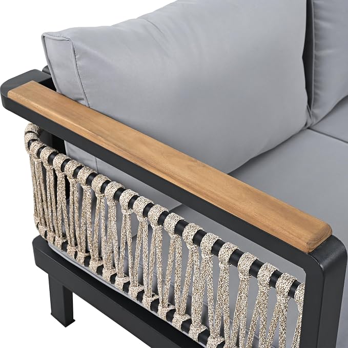 VilroCaz 4 Pieces Outdoor Sectional Sofa Set, All-Weather Patio Seating Group Cnversation Set with Cushions and Coffee Table for Patios Gardens Balcony, Sturdy Steel Frame (Grey+Metal & Wood)