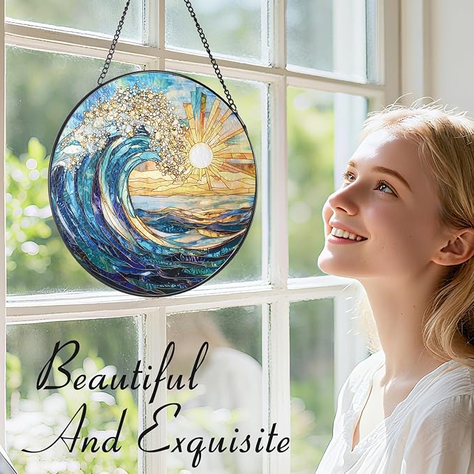 The Ocean Waves and The Sunrise Suncatcher Stained Glass Window Hanging | 7.9 in, Sun Catcher, Garden Decor