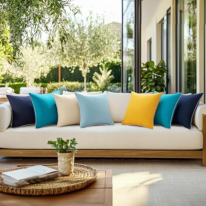 MIULEE Outdoor Waterproof Pillow Covers 20x20 Blue Pack of 2 | Decorative Farmhouse Throw Pillow Covers with Piping,Square Solid Color,Patio Furniture,Summer Couch Tent Sofa Living Room
