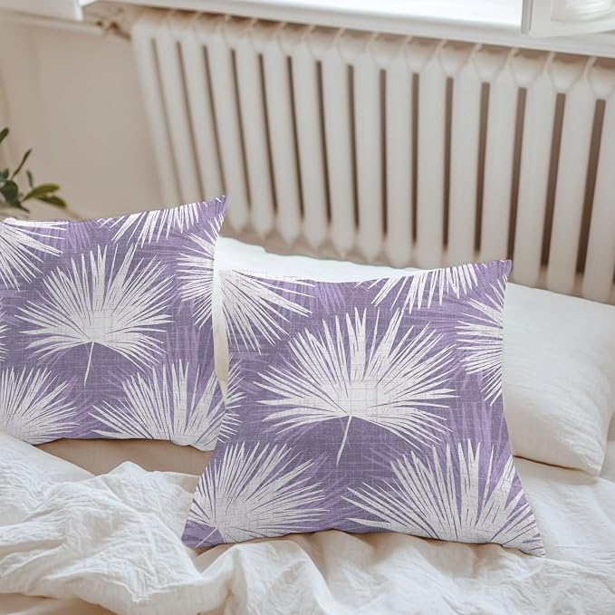 Throw Pillow Covers 26x26 Inch Set of 2, Purple Palm Leaves Coastal Waterproof Outdoor Pillow Covers, Summer Tropical Botanical Boho Decorative Cushion Pillowcases for Couch, Sofa, Bed, Garden, Patio