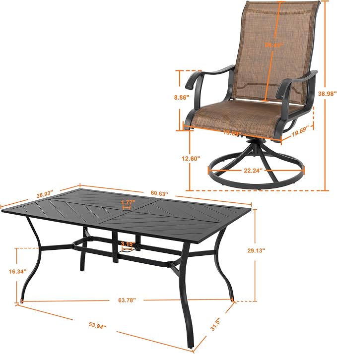 NUU GARDEN 7-Piece Patio Dining Table Set, Outdoor Iron Dining Set with Umbrella Hole, Splicing Table and 6 Textilene Swivel Chairs, Brown and Black