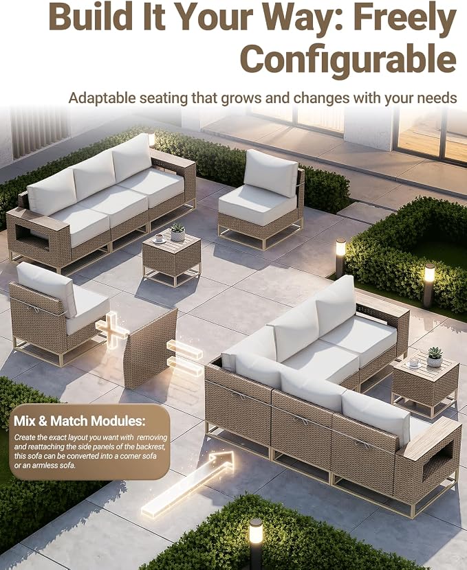Outdoor Patio Furniture Set 6-Piece PE Rattan Wicker Outdoor Sectional Sofa with Thickened Cushions and Chunky Arms, Modern Modular L-Shaped Conversation Set for Garden, Backyard, White