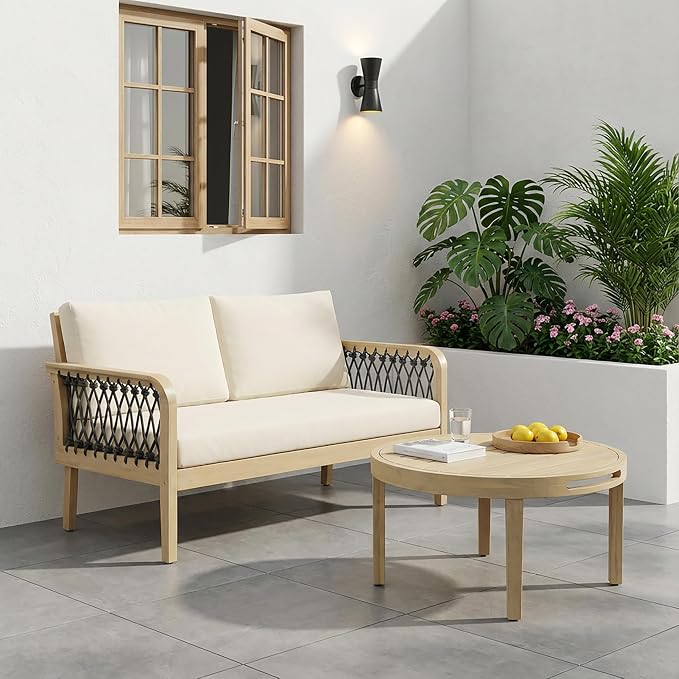 Merax 4-Piece Outdoor Acacia Wood Patio Conversation Set, 2 Club Chairs + Loveseat & Coffee Table with Handwoven Rope & Cushions, Furniture Set for Garden, Balcony, Poolside, Light Teak