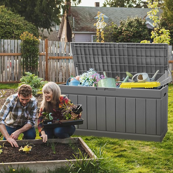 Greesum 82 Gallon Resin Deck Box Large Outdoor Storage for Patio Furniture, Garden Tools, Pool Supplies, Weatherproof and UV Resistant, Lockable, Light Grey